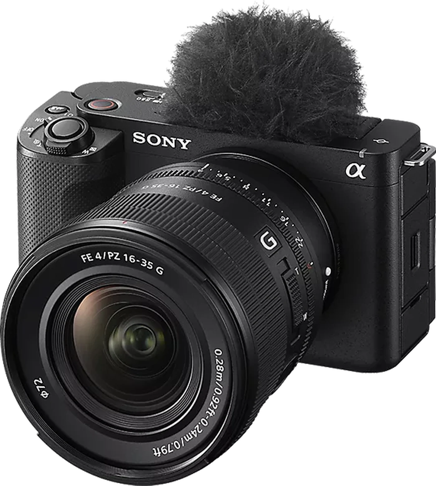 Sony ZV-E1 mit Zoomobjektiv und Windschutz, freigestellt.